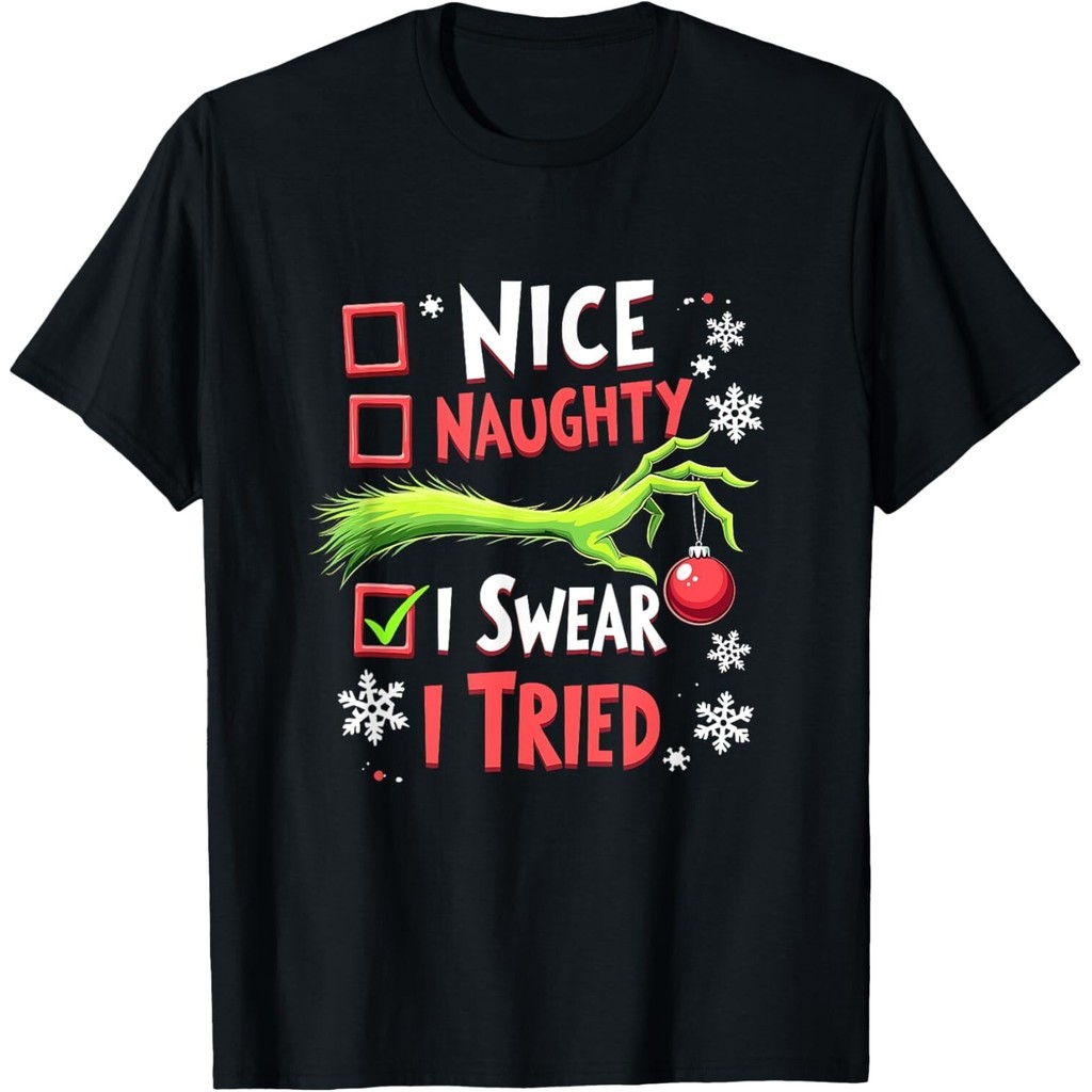 Merry Christmas Xmas ตลก Naughty I Swear I Tried เครื่องแต่งกายเสื้อยืด