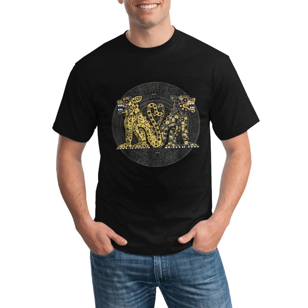 Aztec Calendar With Mexican Jaguar Ocelot Warriors เสื้อยืดคอกลมแบบกําหนดเองน้ําหนักเบาและมีสไตล์