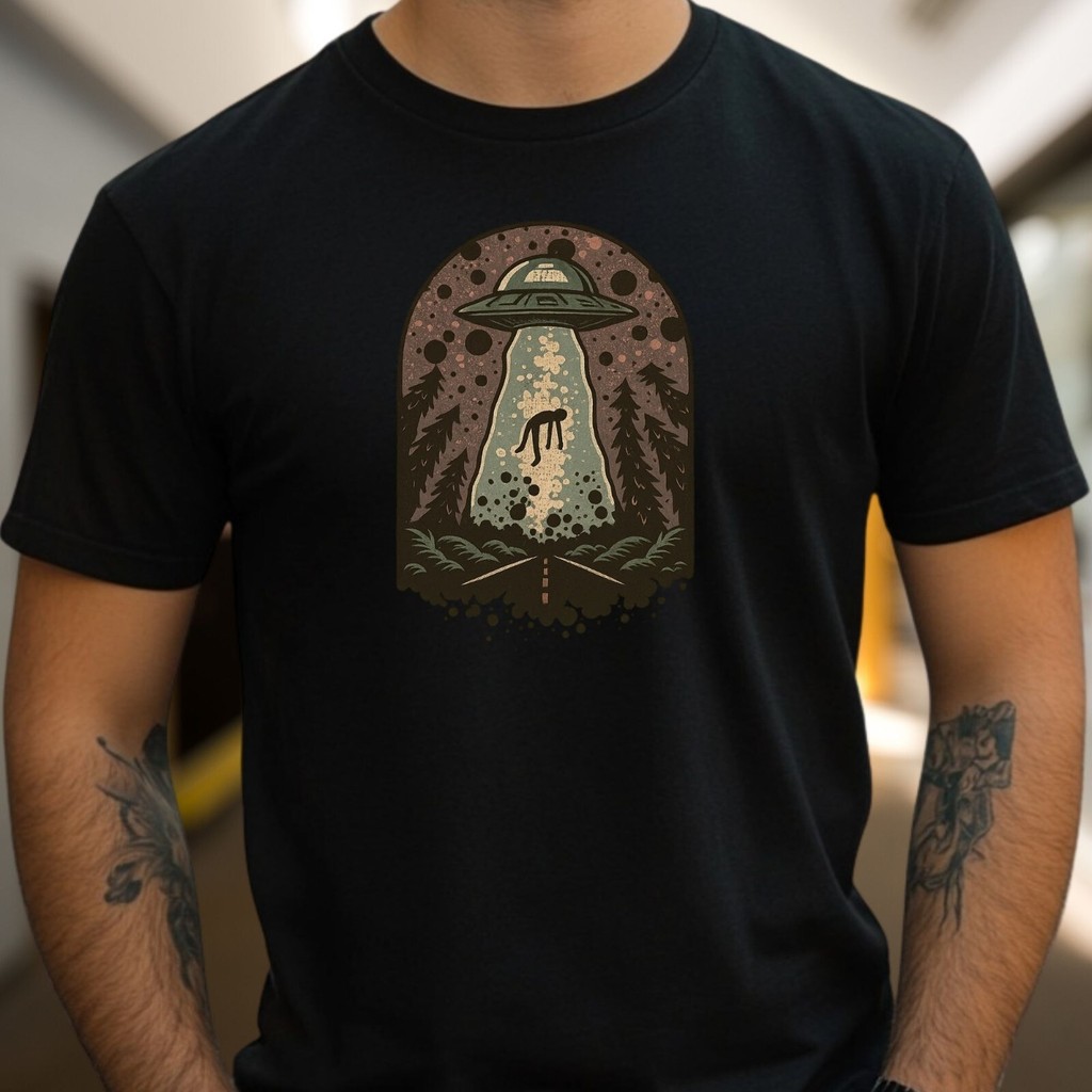 Retro Style 70s 80s 90s Graphic Harajuku Funny Mens Ufo Kidnapped Motif Cotton T-Shirt