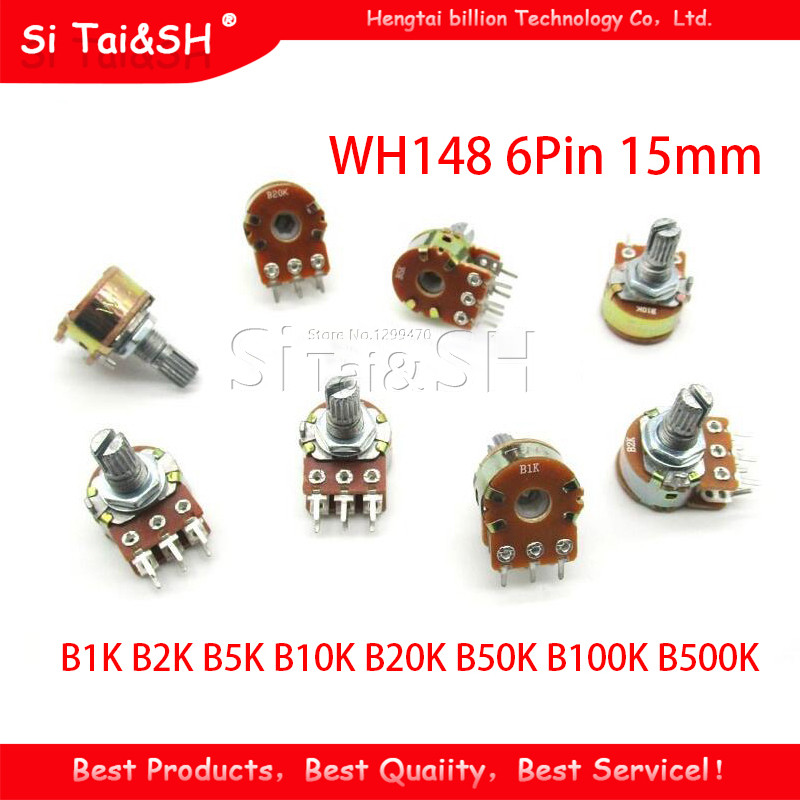 2pcs B1K B2K B5K B10K B20K B50K B100K B250K B500K B1M WH148 6Pin 15mm Potentiometer 1K 2K 5K 20K 50K
