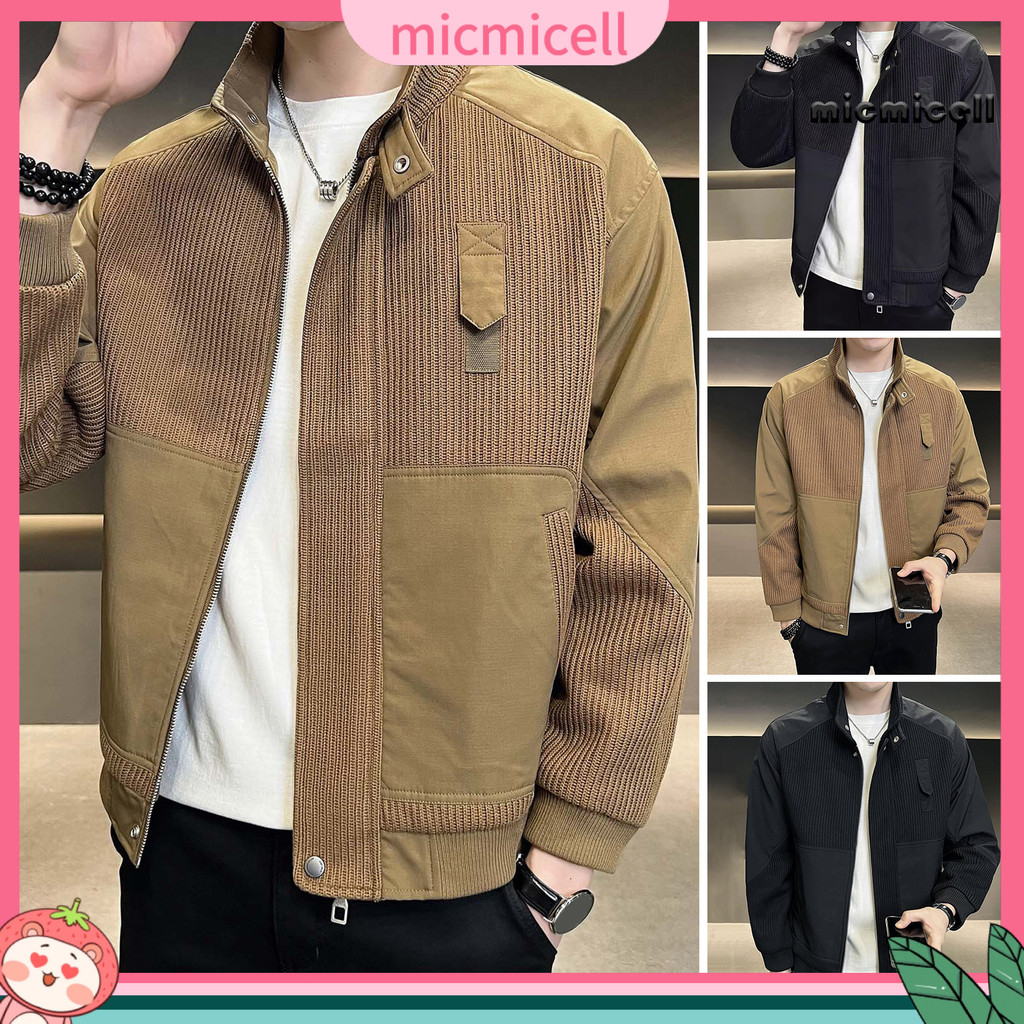 [mic]เสื้อแจ็คเก็ตผู้ชายคอตั้งแขนยาวซิป Placket Jacket Coat สีทึบ Retro Corduroy Jacket เสื้อกันลมสไ
