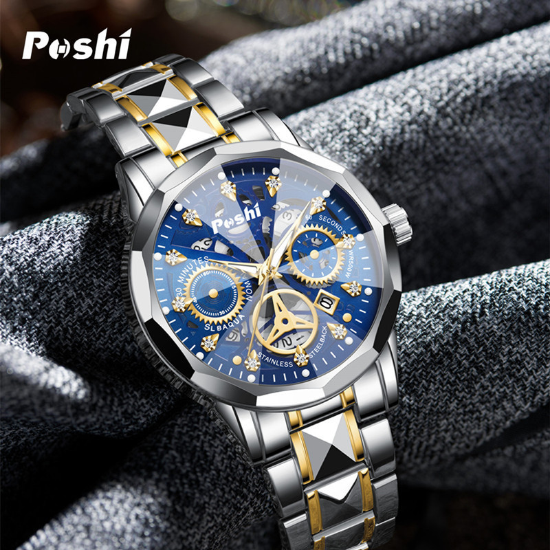 POSHI Mens Waterproof Luminous Business Watches Date Mens Wrist Watch Stainless Steel