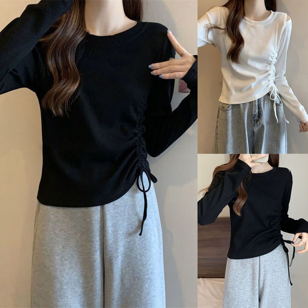 BCP Top ผู้หญิงสีทึบ แบบแฟชั่นรอบคอกับสายคล้อง.Drawstring casual แขนยาว