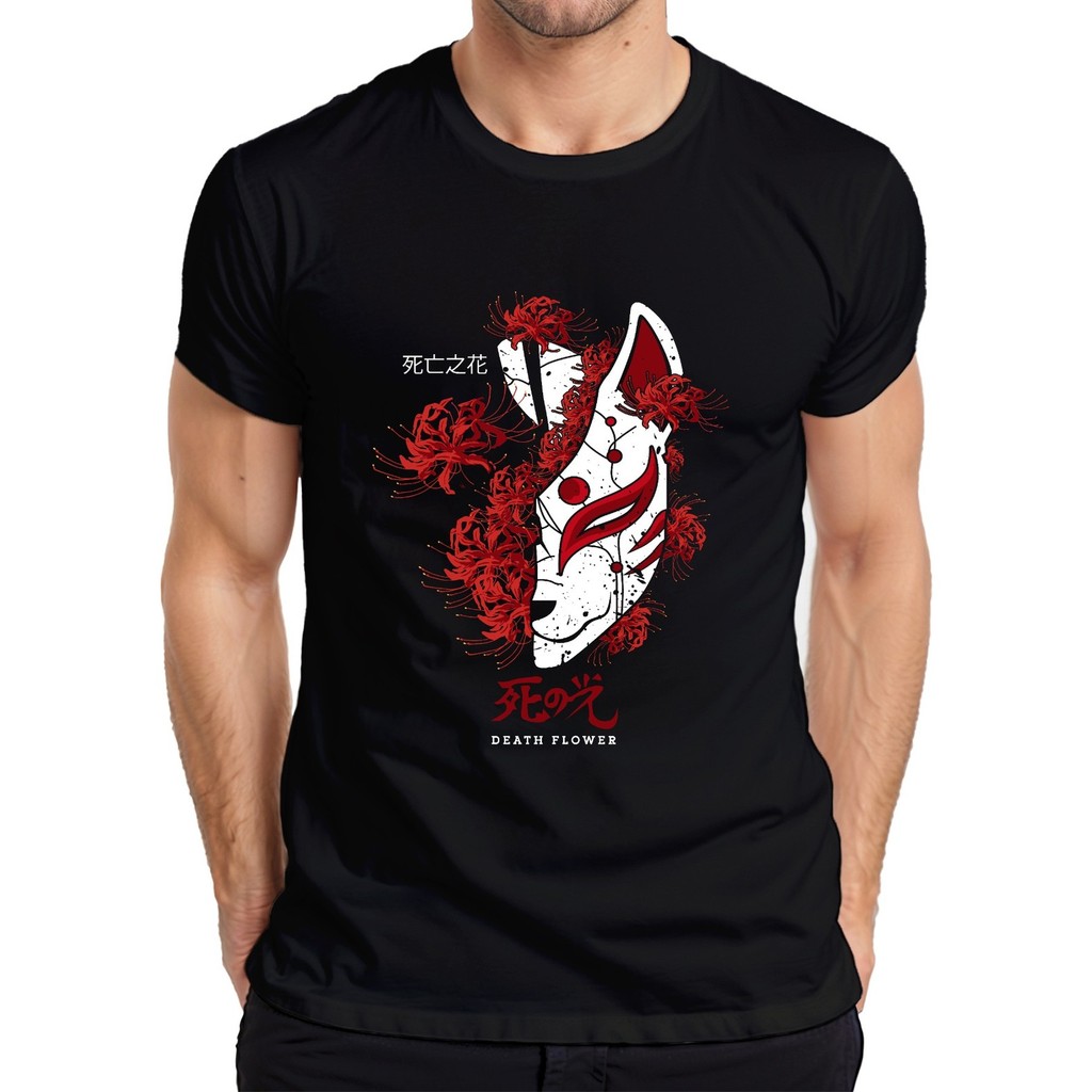 Kitsune Mask Spider Lily Higanbana Lycoris Death Flower Retro Mens เสื้อยืด