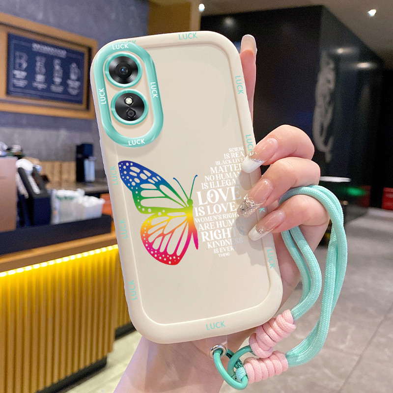 เคสสำหรับ OPPO A17 A17K เคสโทรศัพท์ผีเสื้อซิลิโคนสายคล้องกันกระแทก