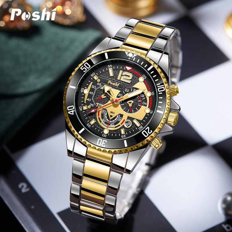 POSHI Mens Waterproof Luminous Business Watches Date Mens Wrist Watch Stainless Steel