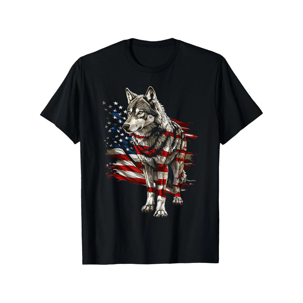 4Th Of July American Flag Wolf Outfit เสื้อยืด | คอกลมลําลอง Unisex กลางแจ้ง
