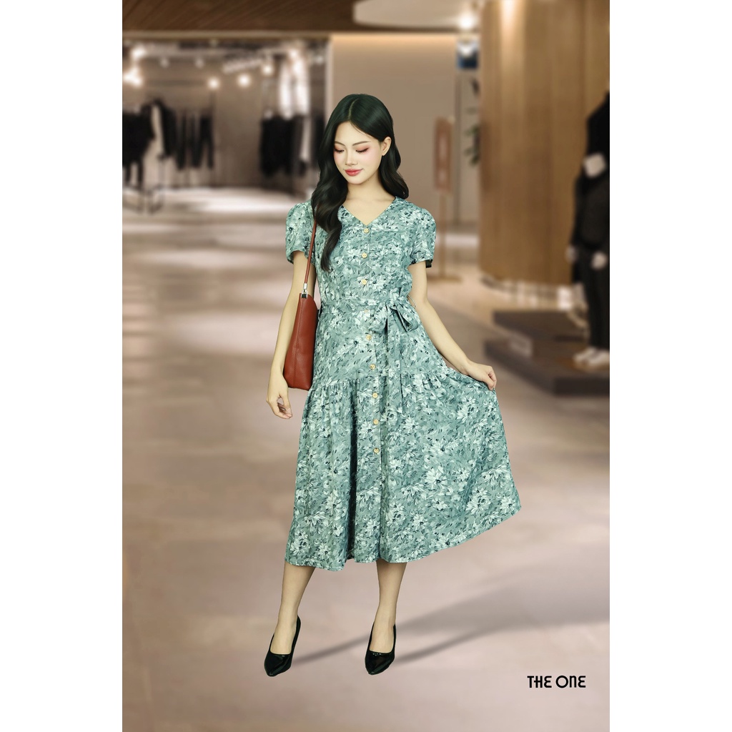 The One Fashion DDC3063HOGH เดรสแขนสั้นผ้าไหม Han Chau 2 ชั้น คอปกรูปหัวใจและผูกโบว์ ขาบาน