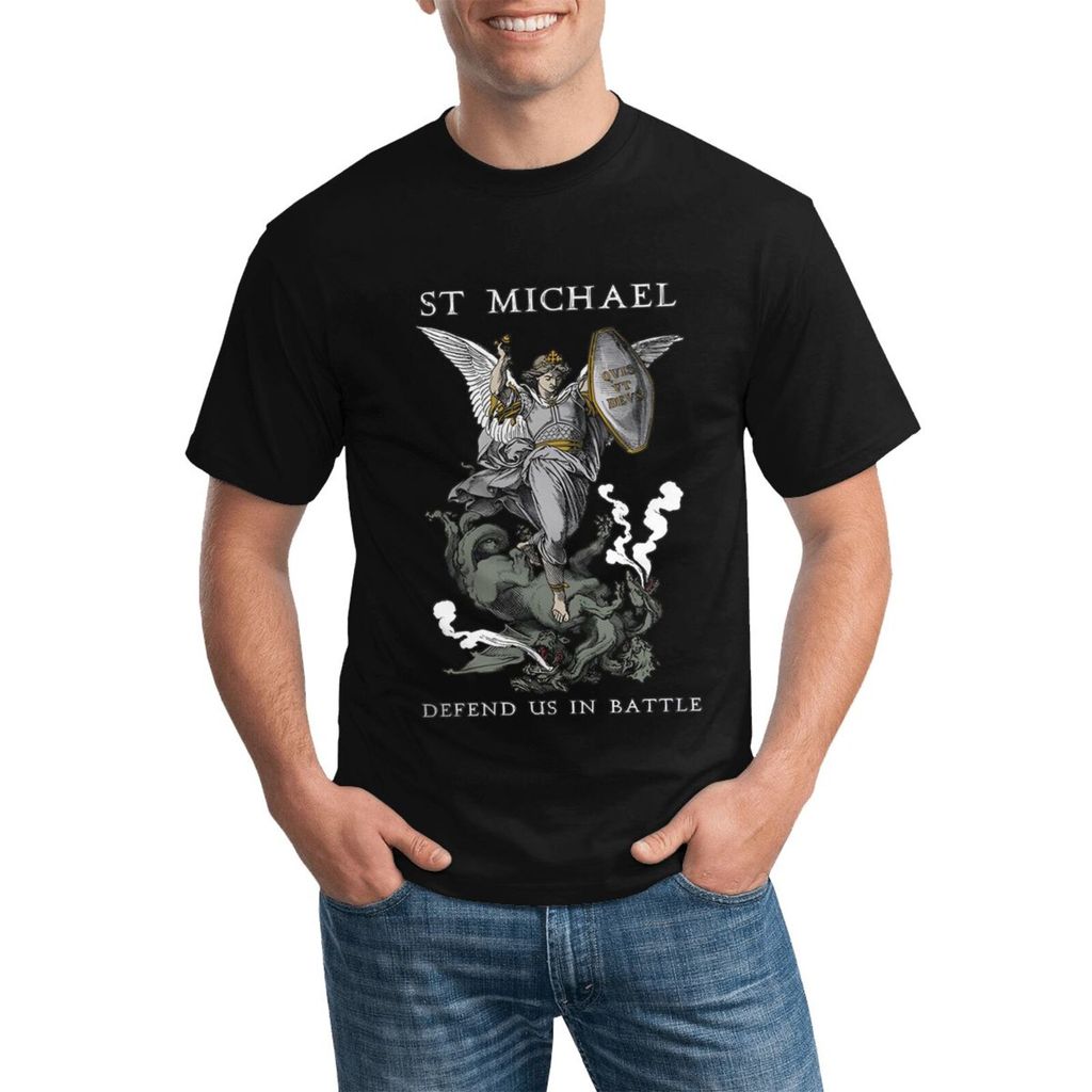 Saint Michael The Archangel Defend Us In Battle เสื้อยืดคอลูกเรือขนาดบวก ผ้าฝ้าย 100% เพื่อความสะดวก