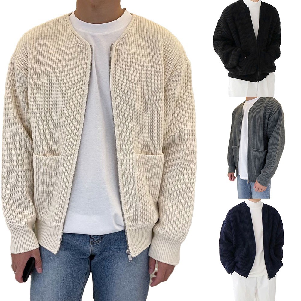 [DML] ผู้ชายสําหรับ Zip Up เสื้อคาร์ดิแกนถักเรียงรายคอช่องทางสําหรับจัมเปอร์เสื้อกันหนาว w/กระเป๋า C