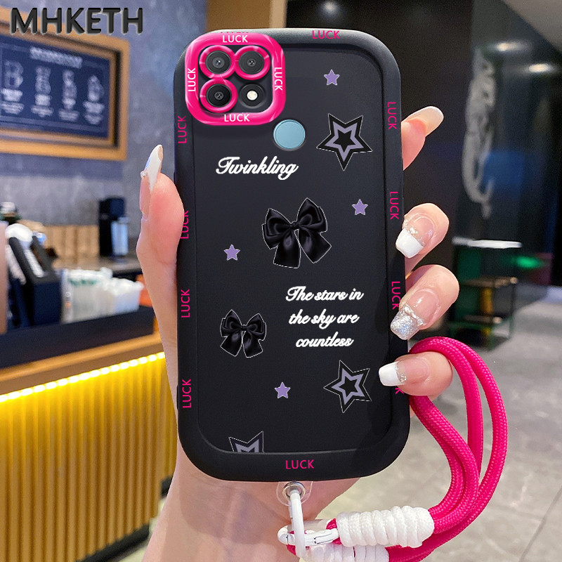 MHKETH เคสสำหรับ OPPO A15 A15s A35 4G เคสโทรศัพท์มีสายคล้องสีตัดกันลายโบว์อินเทรนด์แบบส่วนตัว – โปรปัง