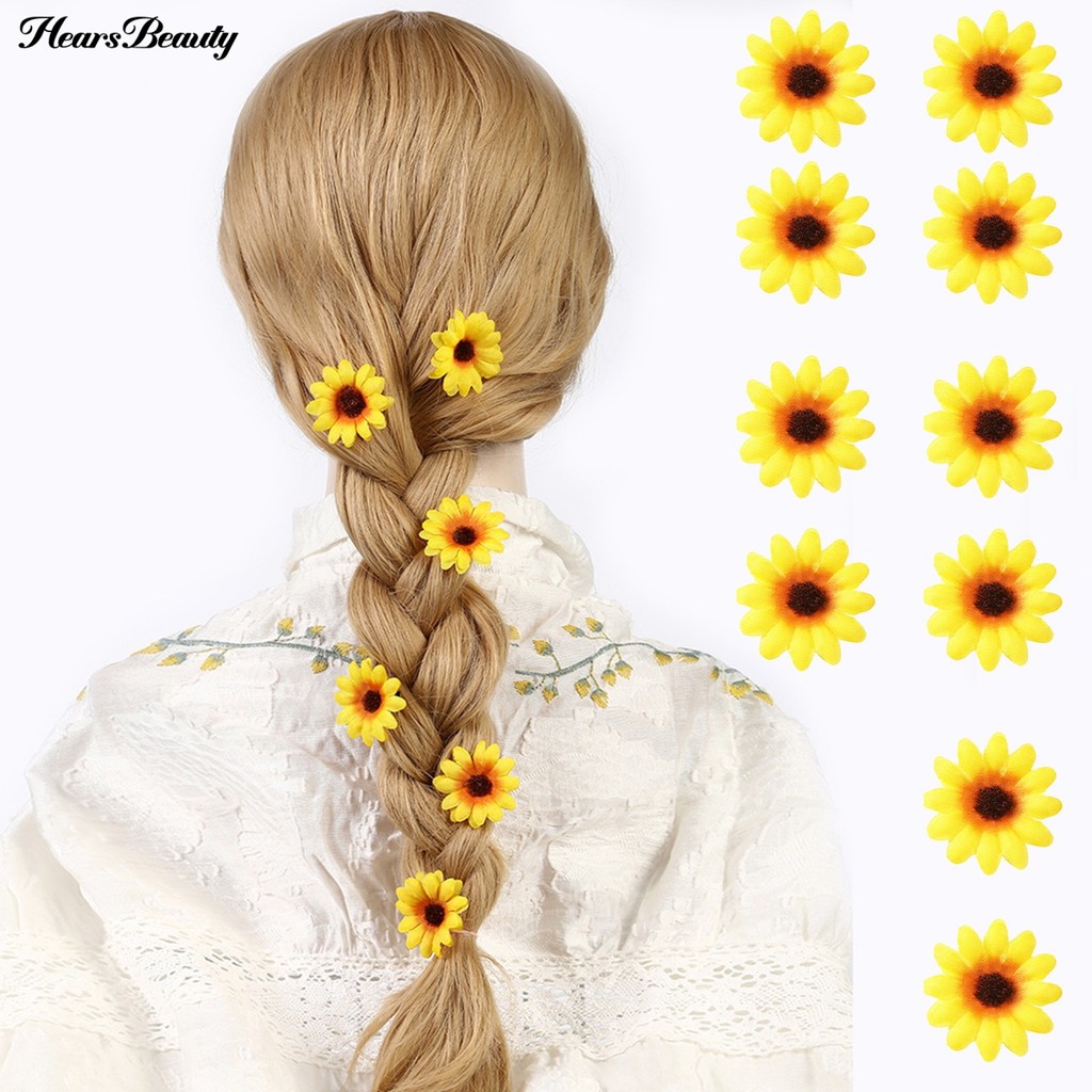 HEA-10 ชิ้นกิ๊บติดผมดอกทานตะวันมินิดอกไม้ Hairpins Bang Pigtail ผม Pins ผู้หญิงชายหาดงานแต่งงานเพื่อนเจ้าสาวอุปกรณ์เสริมผม