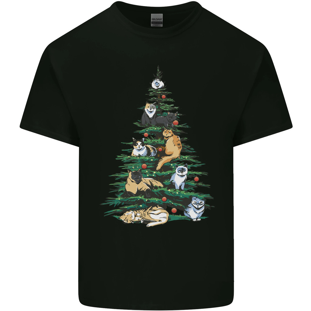 Cat Christmas Tree Mens Cotton T-Shirt Tee Top
