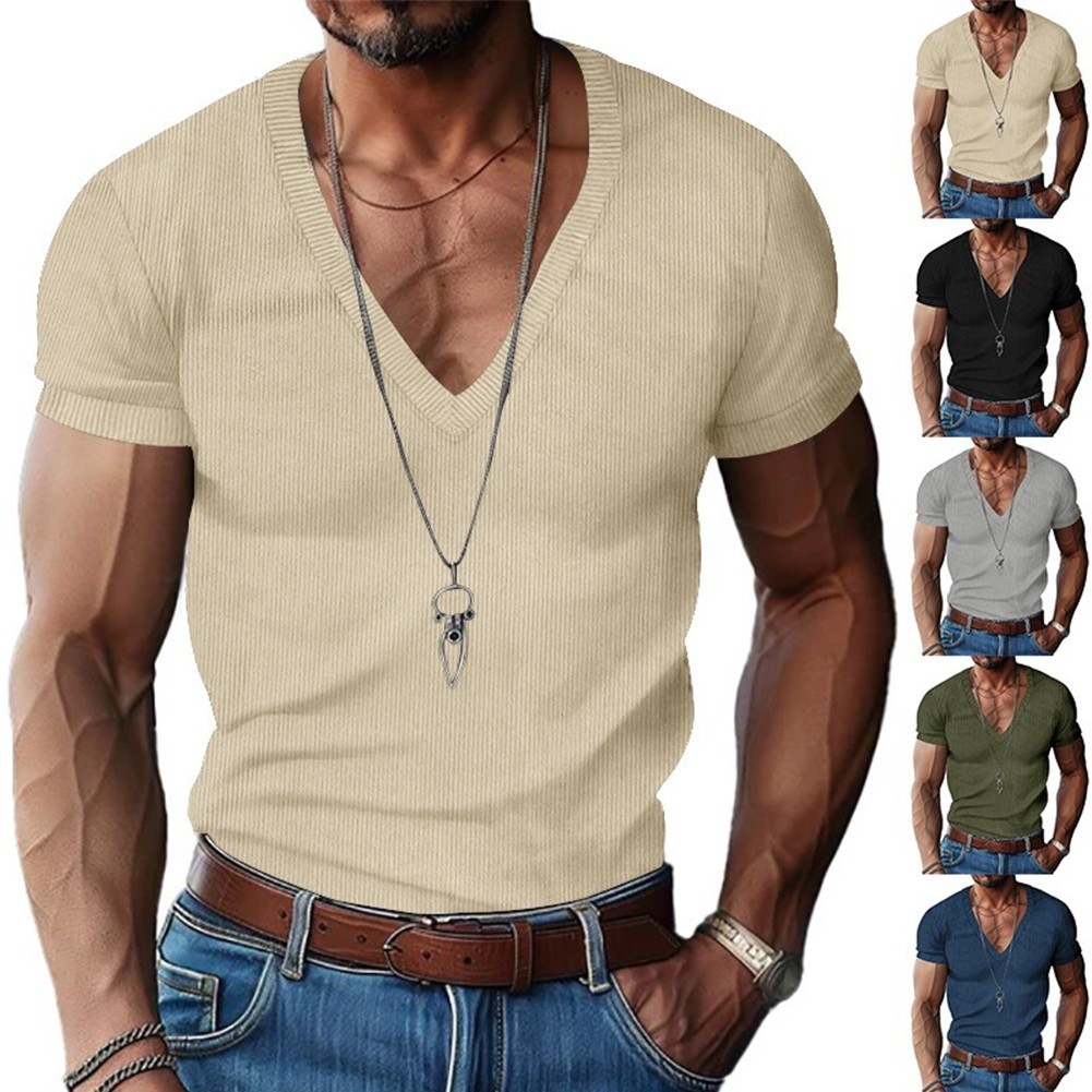 [DML] ผู้ชายคอแขนสั้นเสื้อยืดฟิตเนส Fit Solid Tees Tops Corduroy Gym