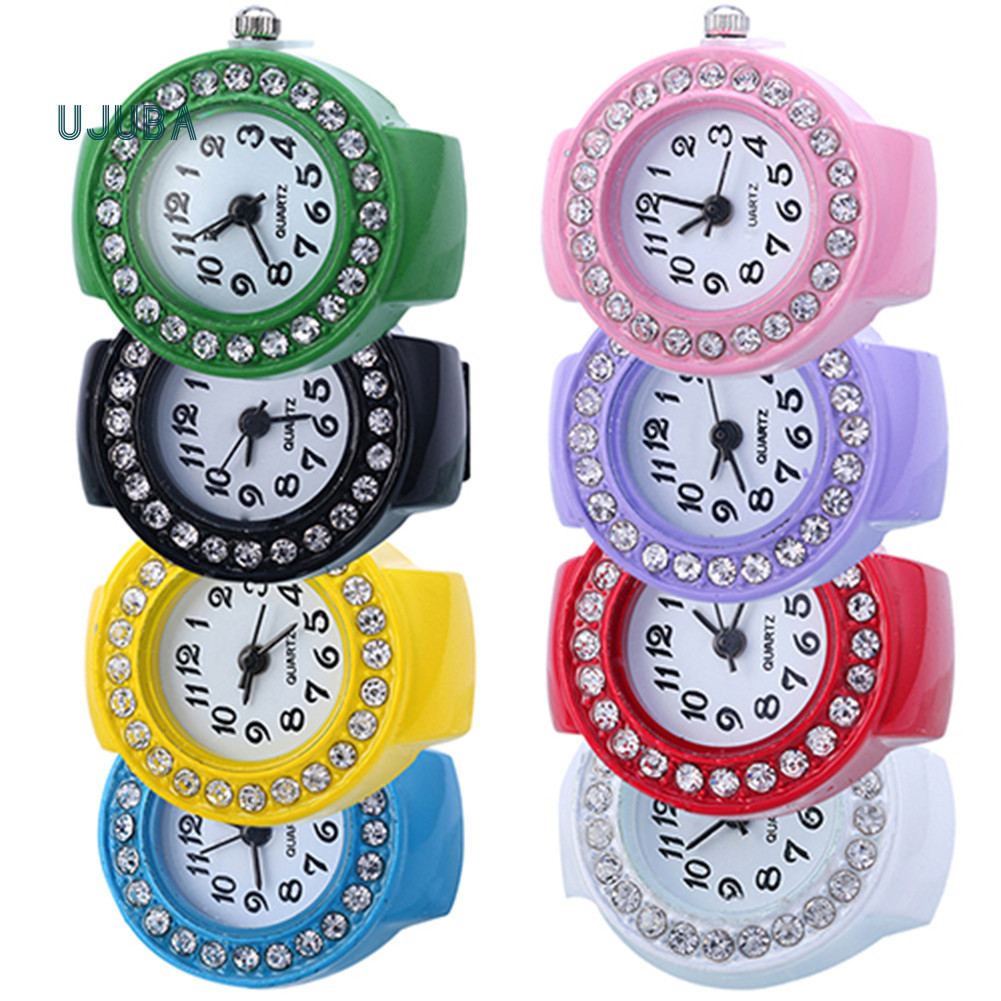 UJB-Fashion Lady Girl Silicon Round Rhinestone Elastic Quartz Finger Ring Watch