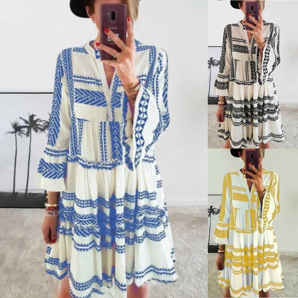 [DML] ผู้หญิง V คอสั้นชุดสุภาพสตรี Casual พิมพ์ฤดูร้อน Holiday Beach Party Sundress