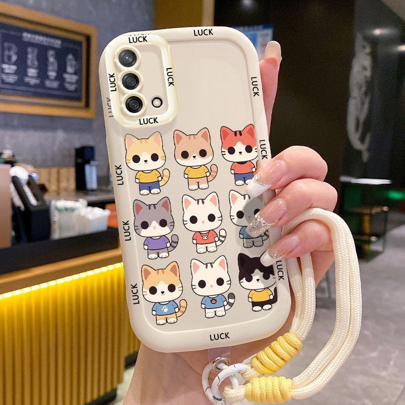 เคสสำหรับ OPPO A74 A95 F19 F19s Reno 6 Lite เคสโทรศัพท์แมวซิลิโคนสายคล้องกันกระแทก