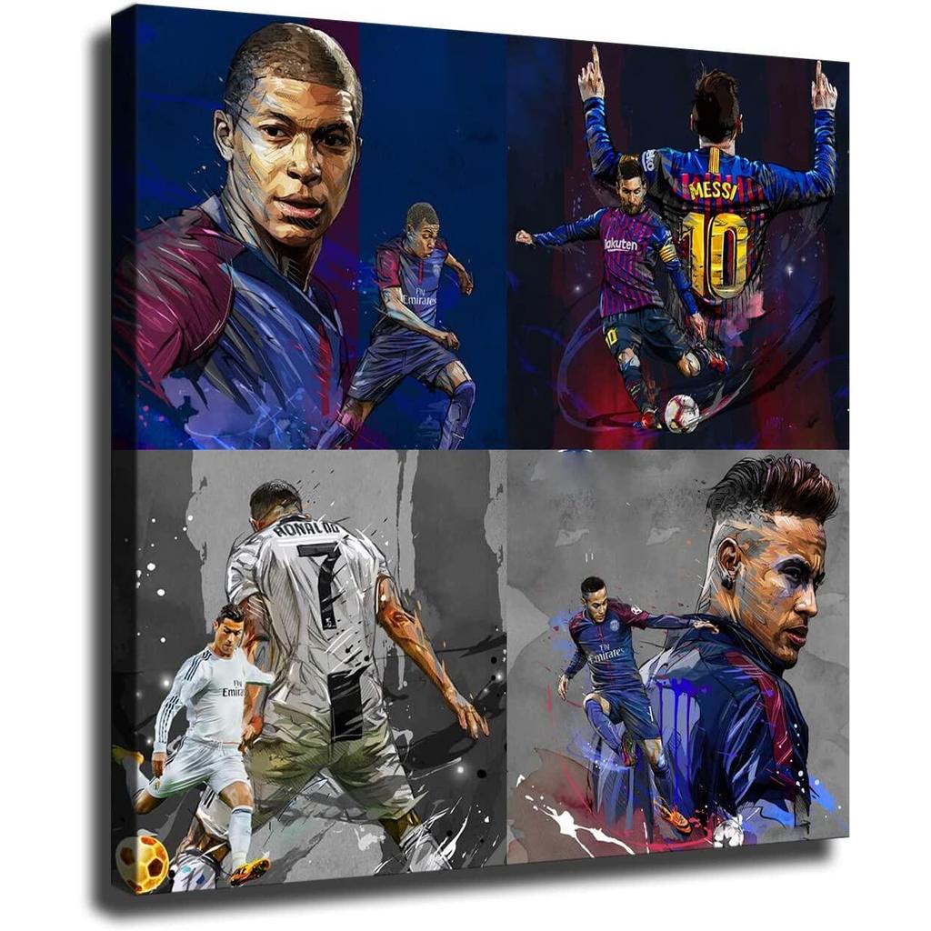 Lionel Messi CR7 Cristiano Ronaldo Neymar และ Kylian Mbappe โปสเตอร์ผ้าใบพิมพ์ Wall Art ฟุตบอลฟุตบอล