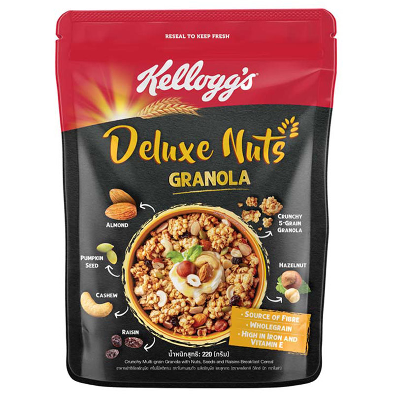 เคลล็อกส์ดีลักซ์นัทกราโนลา 220กรัม Kelloggs Deluxe Nuts Granola 220g. [หมายเลขบาร์โค้ด 9555805800337]