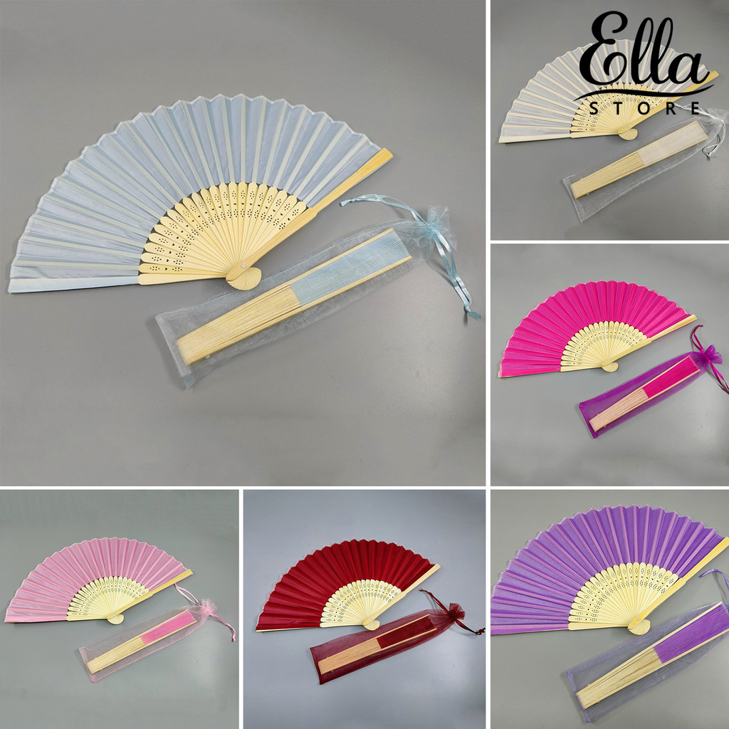 เอลลาสโตร์123ผ้าไหมพับพัดลมไม้ไผ่น้ําหนักเบาแฟนมือกับกระเป๋า ออร์แกนซ่า งานแต่งงานแขกแฟนพรรคตกแต่ง