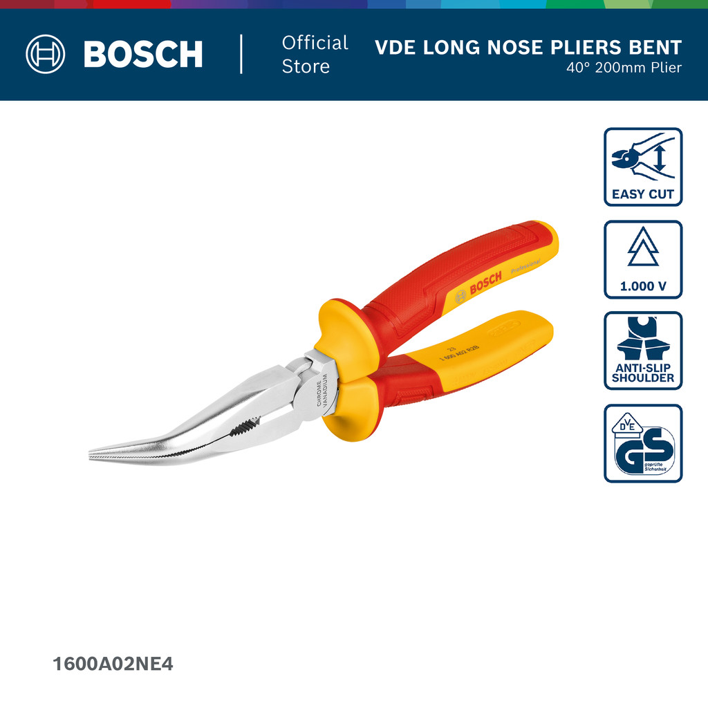 BOSCH VDE Long Nose Pliers 200mm คีมปากจิ้งจก VDE 200มม. (รหัส 1600A02NE4)