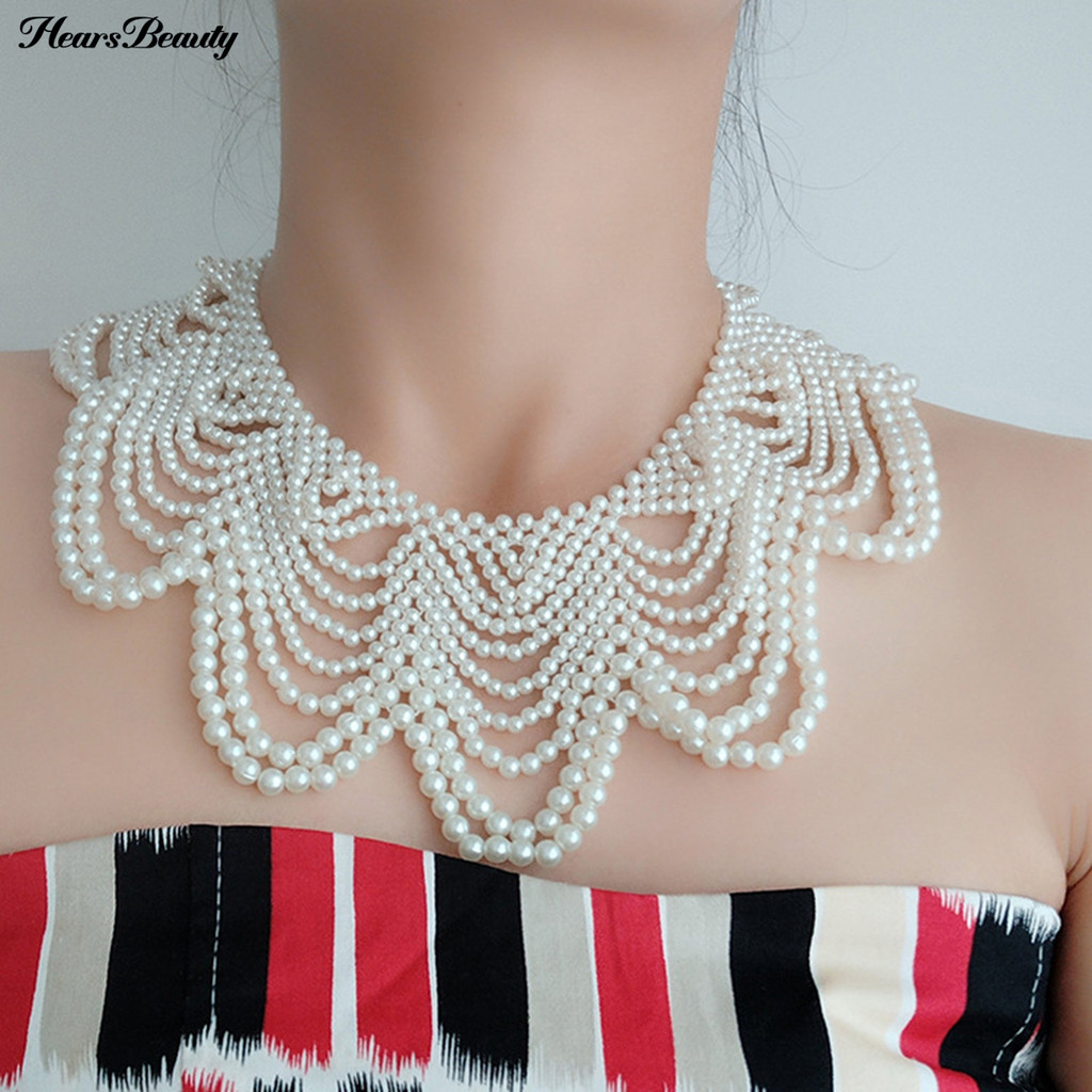 HEA-Faux Pearl Bib สร้อยคอ Hollow Design Bib Choker สร้อยคอลูกปัดผ้าคลุมไหล่สําหรับผู้หญิงงานแต่งงาน