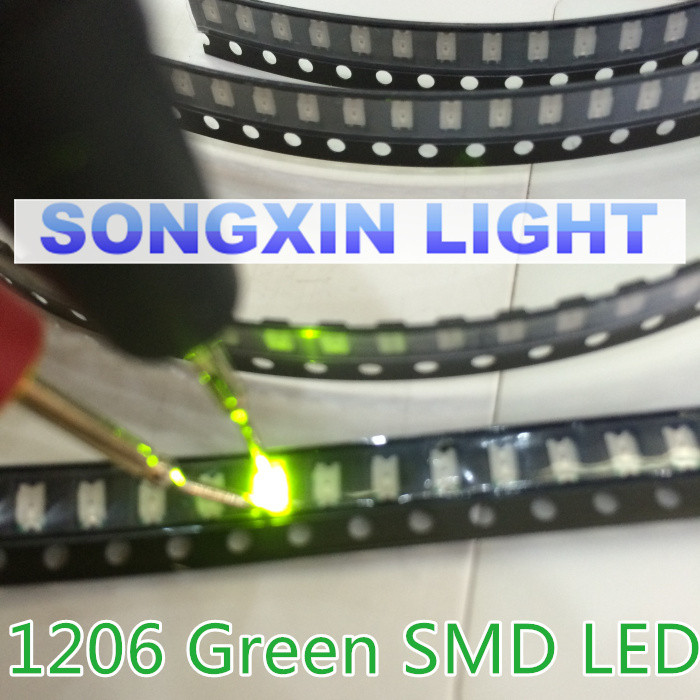 100PCS SMD 1206 สีเขียว LED 1206 SMD LED สีเขียว super bright 1206 ไดโอดเปล่งแสง 560-575nm 70-200mcd
