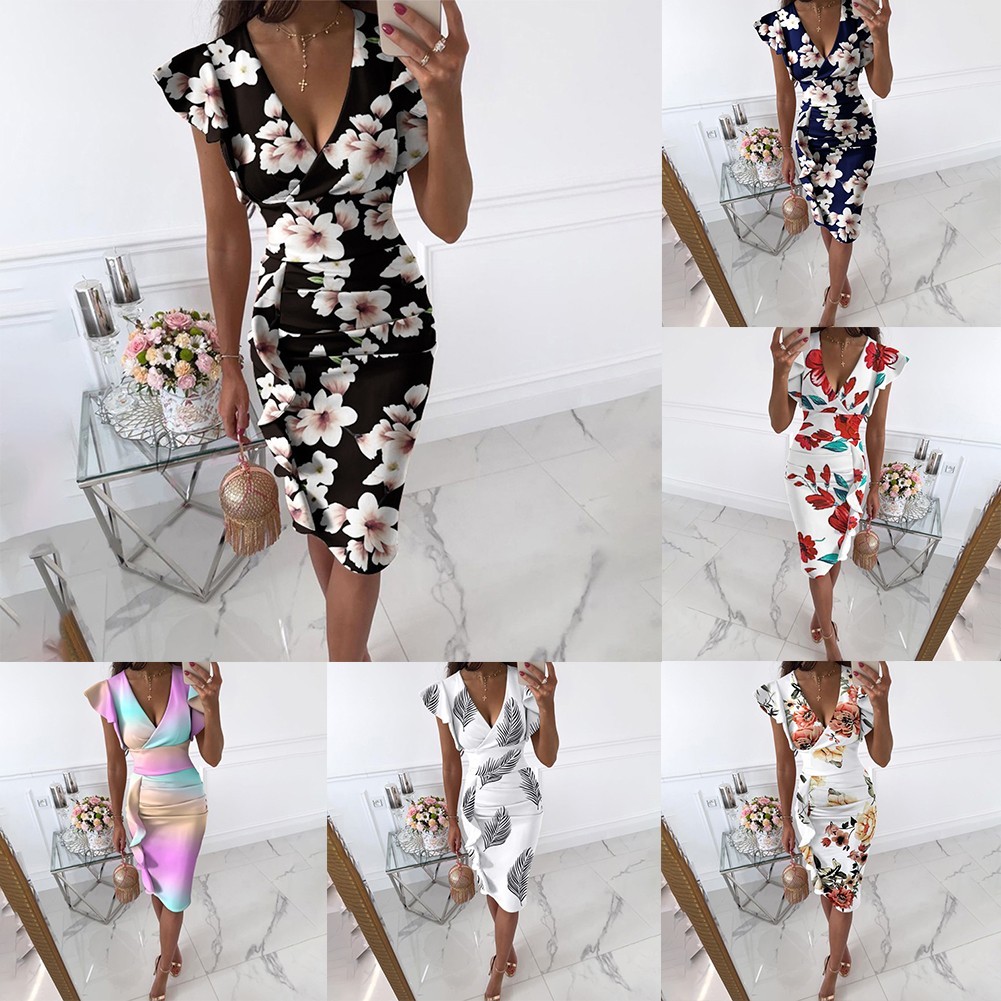 [DML] ผู้หญิงดอกไม้ V คอห่อชุดสุภาพสตรีชุดราตรีค็อกเทล Bodycon ชุด