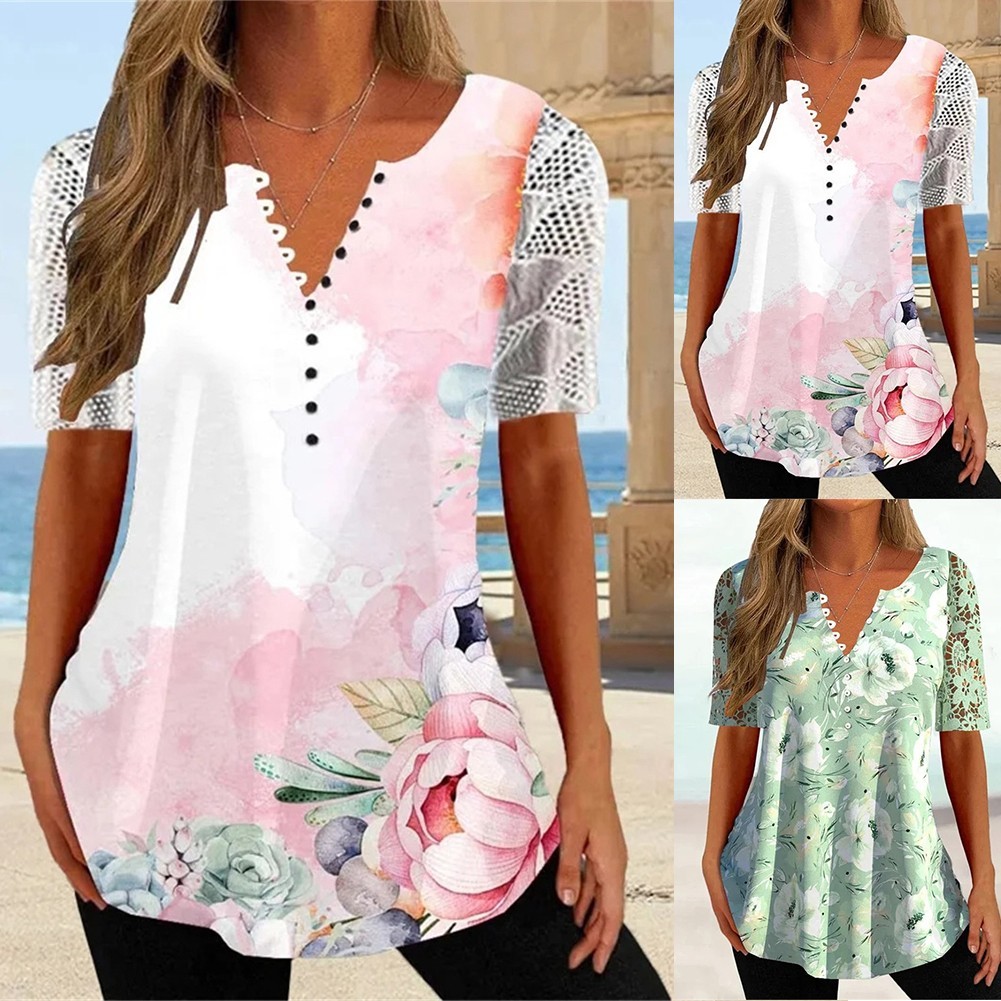 [DML] ผู้หญิงฤดูร้อนแฟชั่น V คอแขนสั้นลูกไม้ Patchwork ดอกไม้พิมพ์ Tops