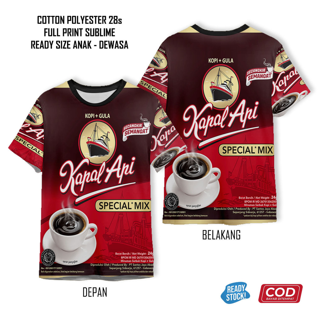 เสื้อยืด Kapal Api สีดําพิมพ์ลายสุดเท่ | เสื้อผ้าเครื่องดื่ม 3D Unisex สําหรับเด็กและผู้ใหญ่ - Saran