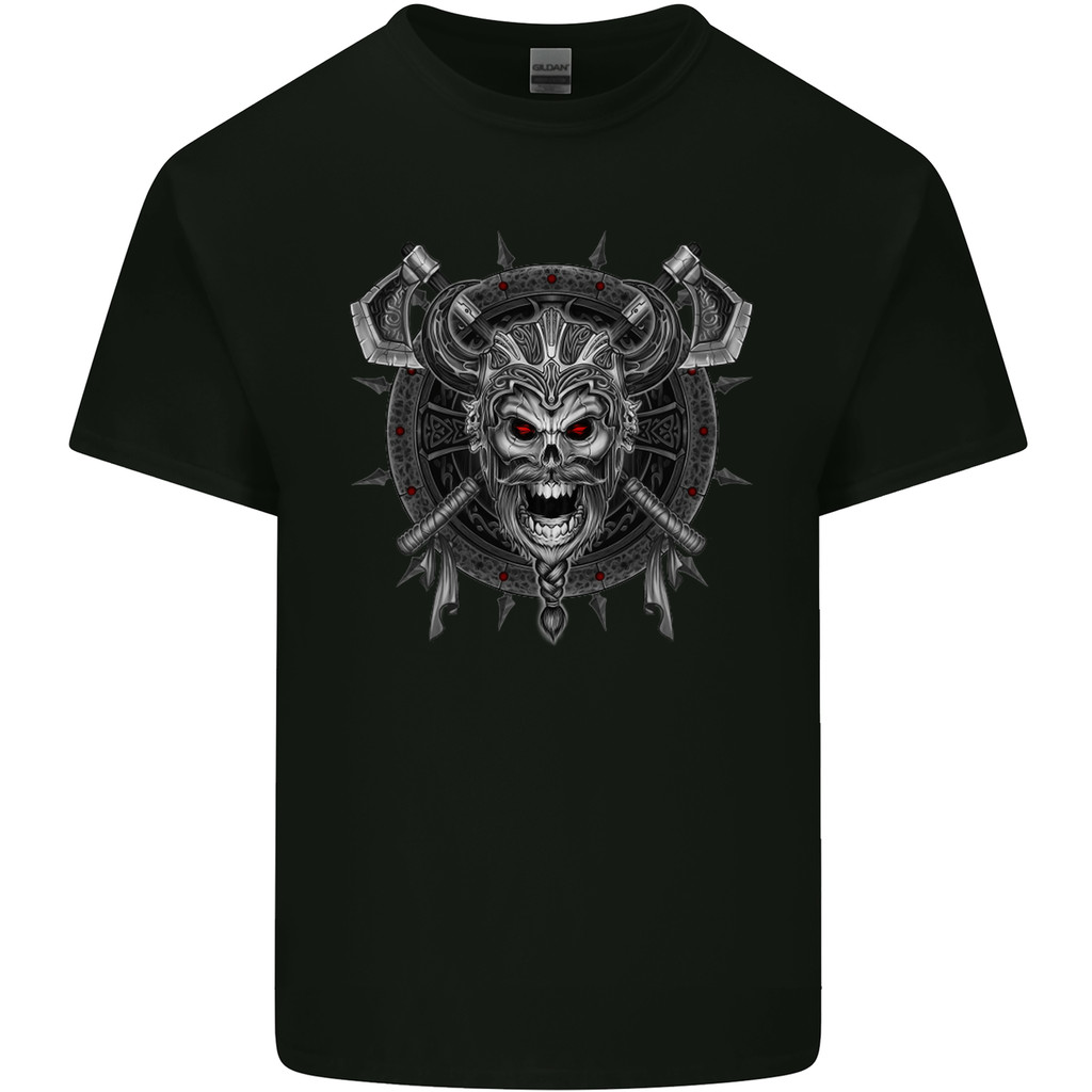 Viking Skull With Swords & Shield Valhalla Mens Pure Cotton T-Shirt