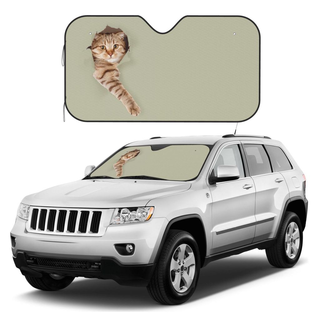 Cat ม่านบังแดดรถยนต์ ฝาครอบกระจกหน้า อุปกรณ์ฉนวนกันความร้อนรถยนต์ส่วนบุคคล อุปกรณ์ตกแต่งภายใน หนาป้องกันรังสียูวีอลูมิเนียมฟอยล์ ZAB191