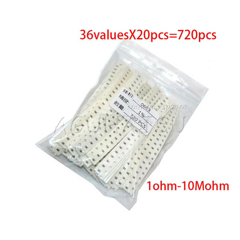 HT-36valuesX20pcs=720pcs 0603 1ohm 10Mohm SMD Resistor Kit Assorted Kit 5% component diy ตัวอย่างชุด
