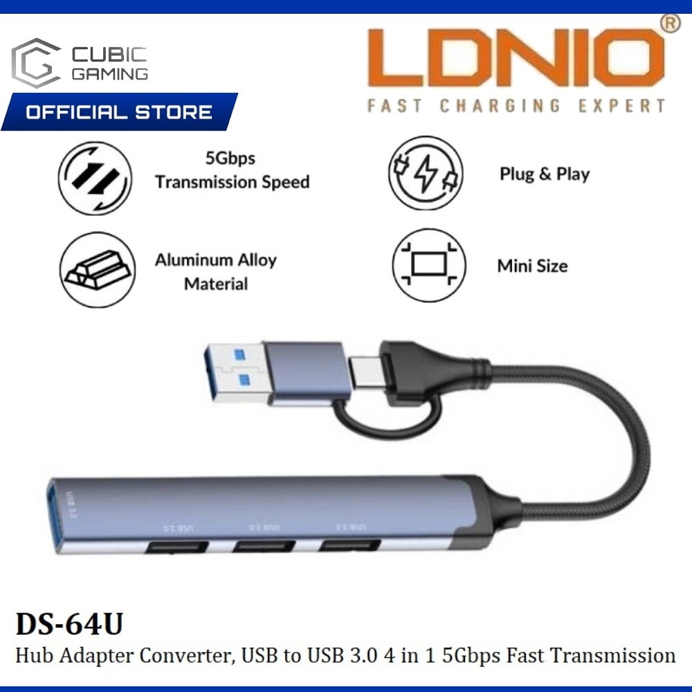 LDNIO DS-64U/DS-64C USB HUB ADAPTER CONVERTER MULTIPLE PORTS TYPE C 4 IN 1 5GBPS 480MBPS ความเร็ว FA
