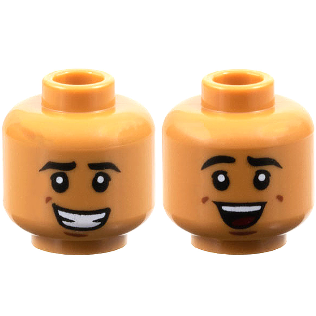 Brick2cube Part - Minifigure, Head Dual Sided Black Eyebrows, Reddish Brown Dimples, Lopsided Open M
