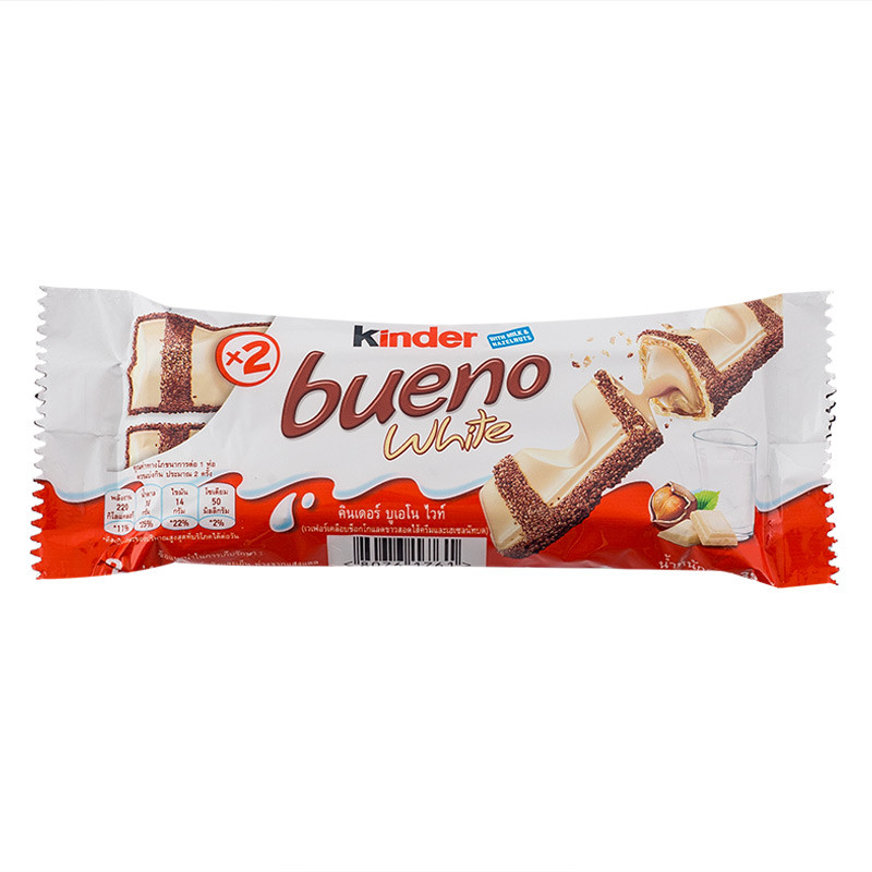 คินเดอร์บรูโนช็อกโกแลตขาวสอดไส้ครีมและเฮเซลนัทบด 39กรัม Kinder Bueno White Chocolate 39g. [บาร์โค้ด 
