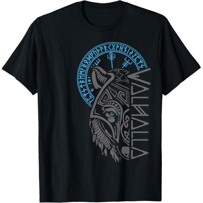 Valhalla Wolf Mask Odin Runes เสื้อยืดไวกิ้งเข็มทิศนอร์ส