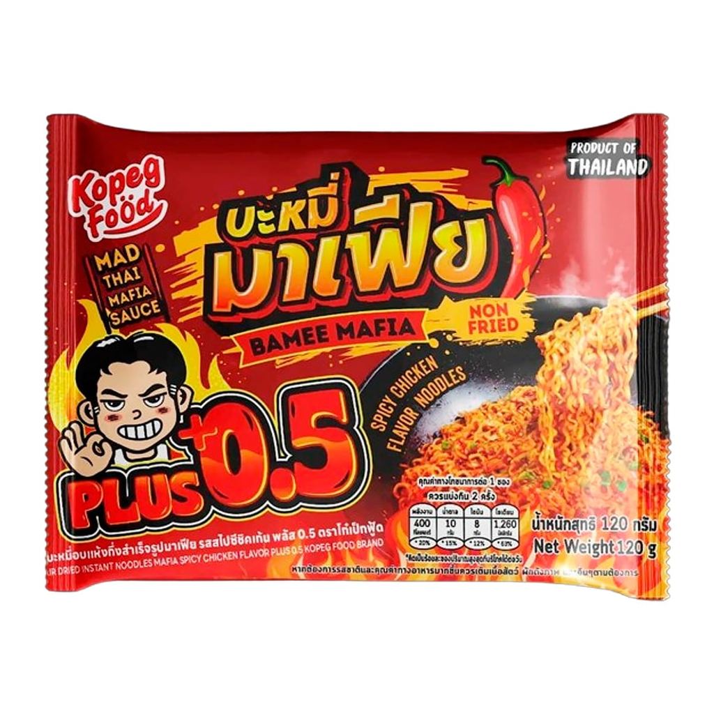 [สินค้าส่งด่วน] โก๋เป็กฟู้ด บะหมี่อบแห้งกึ่งสำเร็จรูปมาเฟีย รสสไปซีชิคเก้น พลัส 0.5 120 ก.