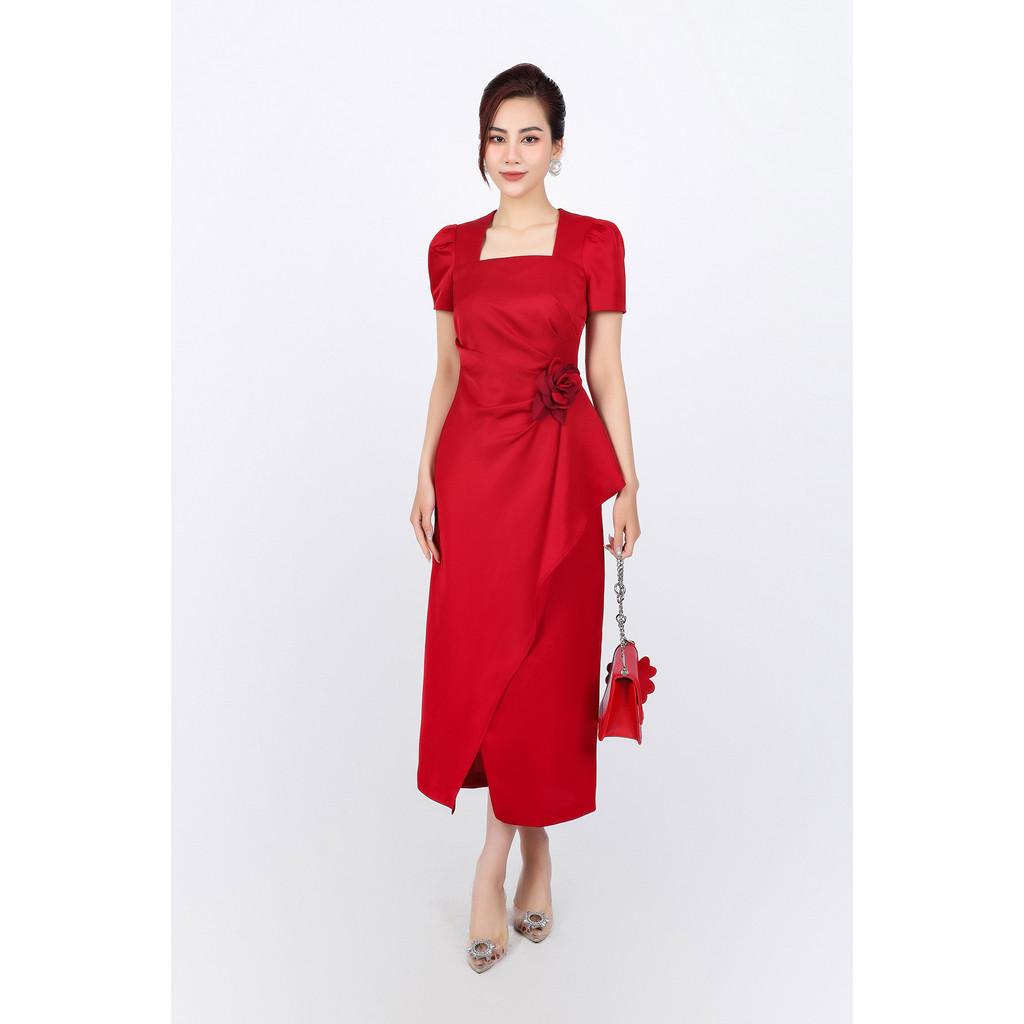 FDC34172 - ชุดเดรสสํานักงาน tafta คุณภาพสูงคอเหลี่ยมแขนบานและเอวจับจีบ - PANTIO