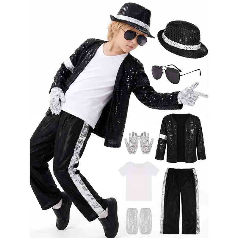Boy Michael Jackson Billie Jean คอสเพลย์ชุดสูทสีดํา Dance Disco ฮาโลวีนแฟนซี Dress Up 80s Pop King เครื่องแต่งกาย