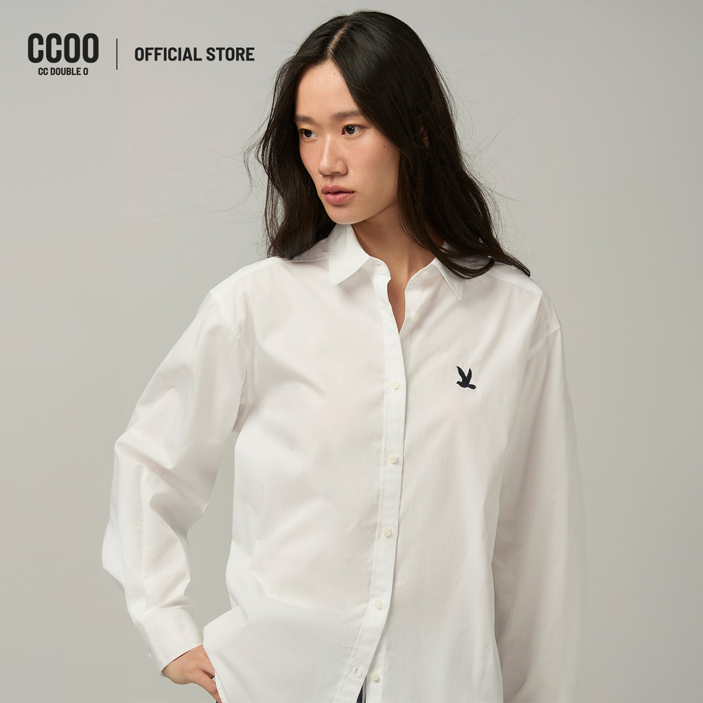 CC DOUBLE O OVERSIZED SIGNATURE PLAIN SHIRT ผู้หญิง เสื้อเชิ้ตโอเวอร์ไซส์พื้นเรียบสีขาว รุ่น O26SGWA183 (SS26 #P1)