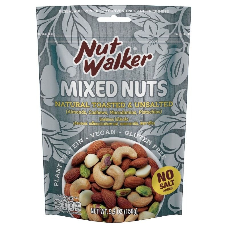 นัทวอล์คเกอร์มิกซ์นัทอบไม่ใส่เกลือ 150กรัม Nut Walker Natural Toasted Unsalted Mixed Nuts 150g. [บาร