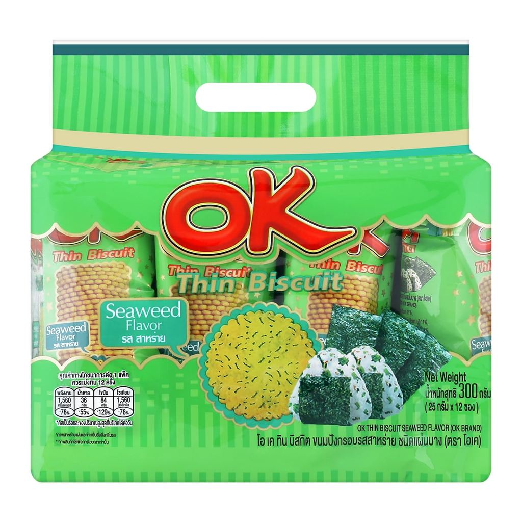 [สินค้าส่งด่วน] โอเค ทิน บิสกิต ขนมปังกรอบ รสสาหร่าย ชนิดแผ่นบาง 25 ก. x 12 ซอง