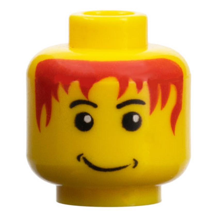 Brick2cube Part - Minifigure, Head Black Eyebrows, Messy Red Hair, Lopsided Grin with Dimples Patter