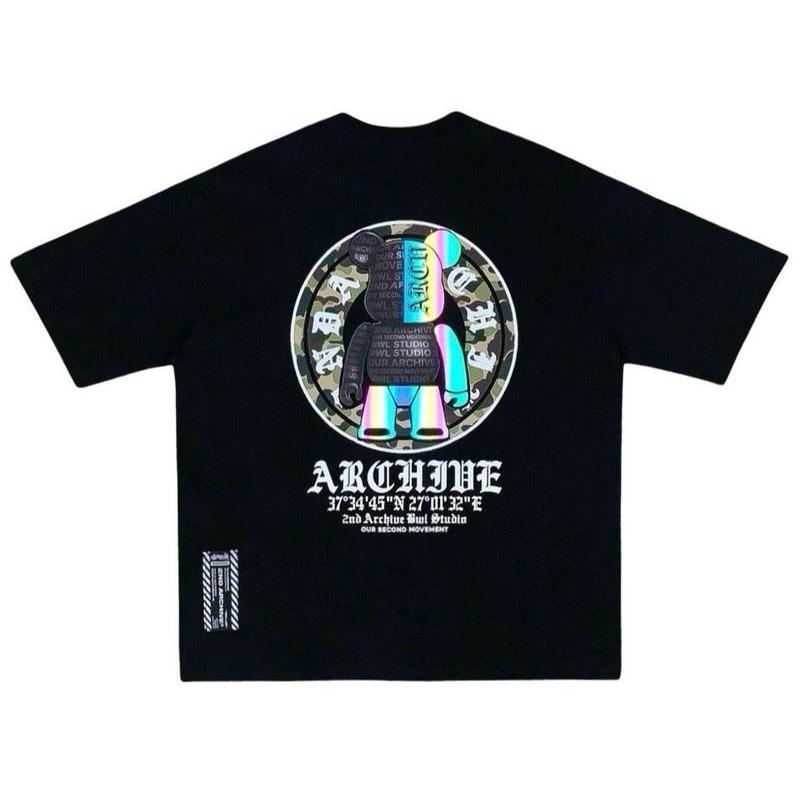 2ND ARCHIVE ทหารสะท้อนแสงขนาดใหญ่เสื้อยืด 200g ผ้าฝ้ายพรีเมี่ยม Unisex Streetwear Night สะท้อนแสงวงก