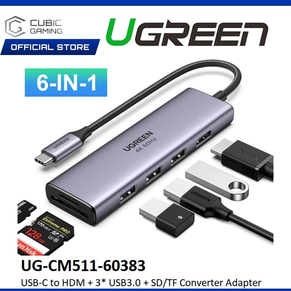 UGREEN TYPE-C USB-C 3.0 ชายเป็น HDMI + 3* USB3.0 + SD/TF หญิงอะแดปเตอร์ USB-C HUB CONVERTER 4K@60HZ 
