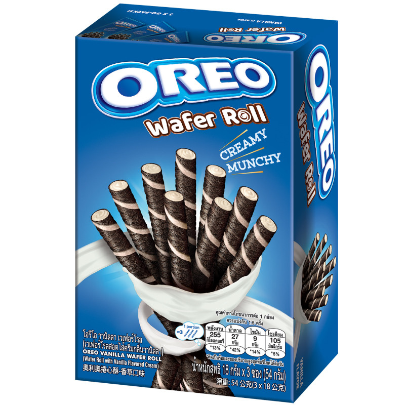 โอรีโอเวเฟอร์โรลรสวานิลลา 54กรัม Oreo Vanilla Wafer Roll 54g. [หมายเลขบาร์โค้ด 8934680033305]