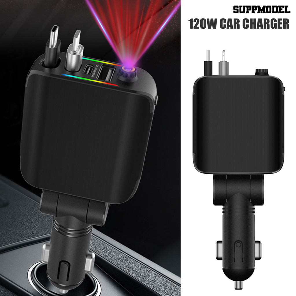 Suppmodel Retractable Car Charger 120W 4-Port USB C Car Charger Adapter สําหรับ IPhone Multi-device 