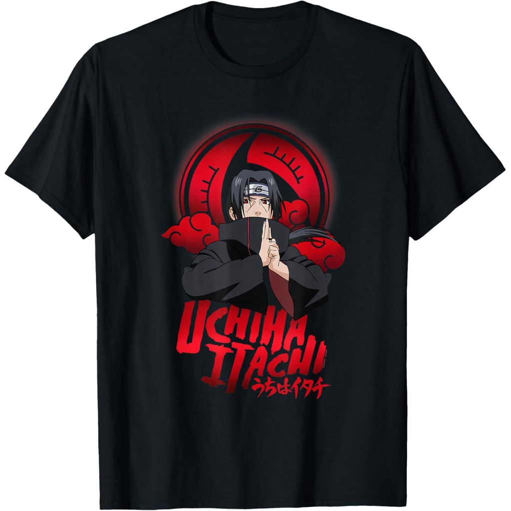 เสื้อยืดผ้าฝ้ายผู้ชาย Naruto Uchiha Itachi Sharingan Symbol with Clouds Anime T-Shirt