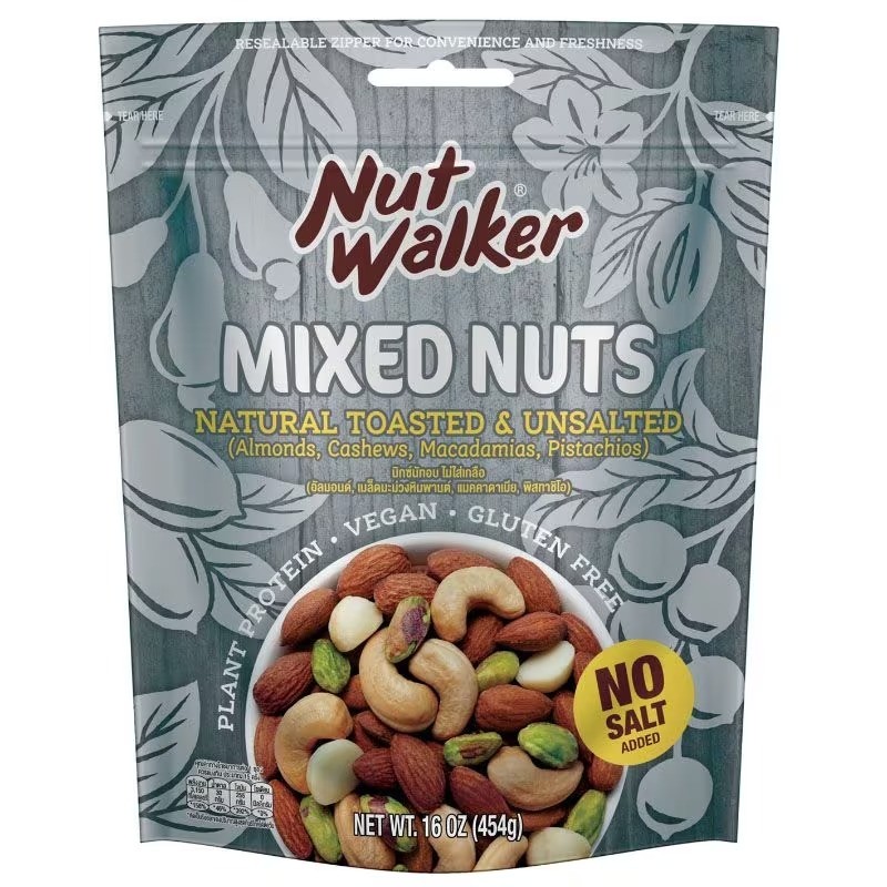 นัทวอล์คเกอร์มิกซ์นัทอบไม่ใส่เกลือ 454กรัม Nut Walker Deluxe Roasted Unsalted Mixed Nuts 454g. [บาร์